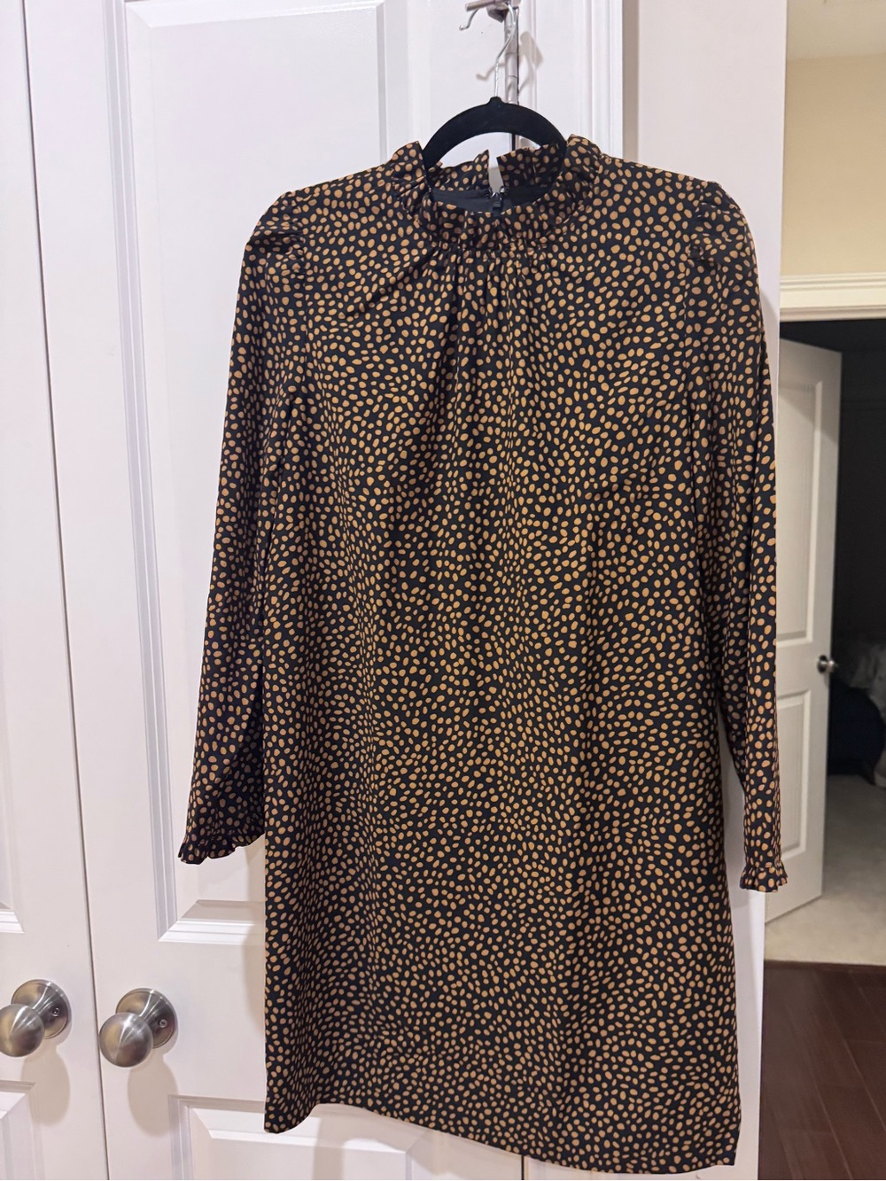 J. Crew Black Shift Dress with Tan Dot Print